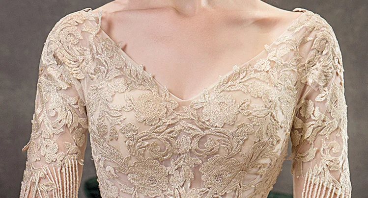 Это свадебное платье YiiYa es с v-образным вырезом, бисероплетение, кисточка, свадебное платье, элегантное, половина рукава, цвет шампанского, длинное, Vestido De Novia TD36