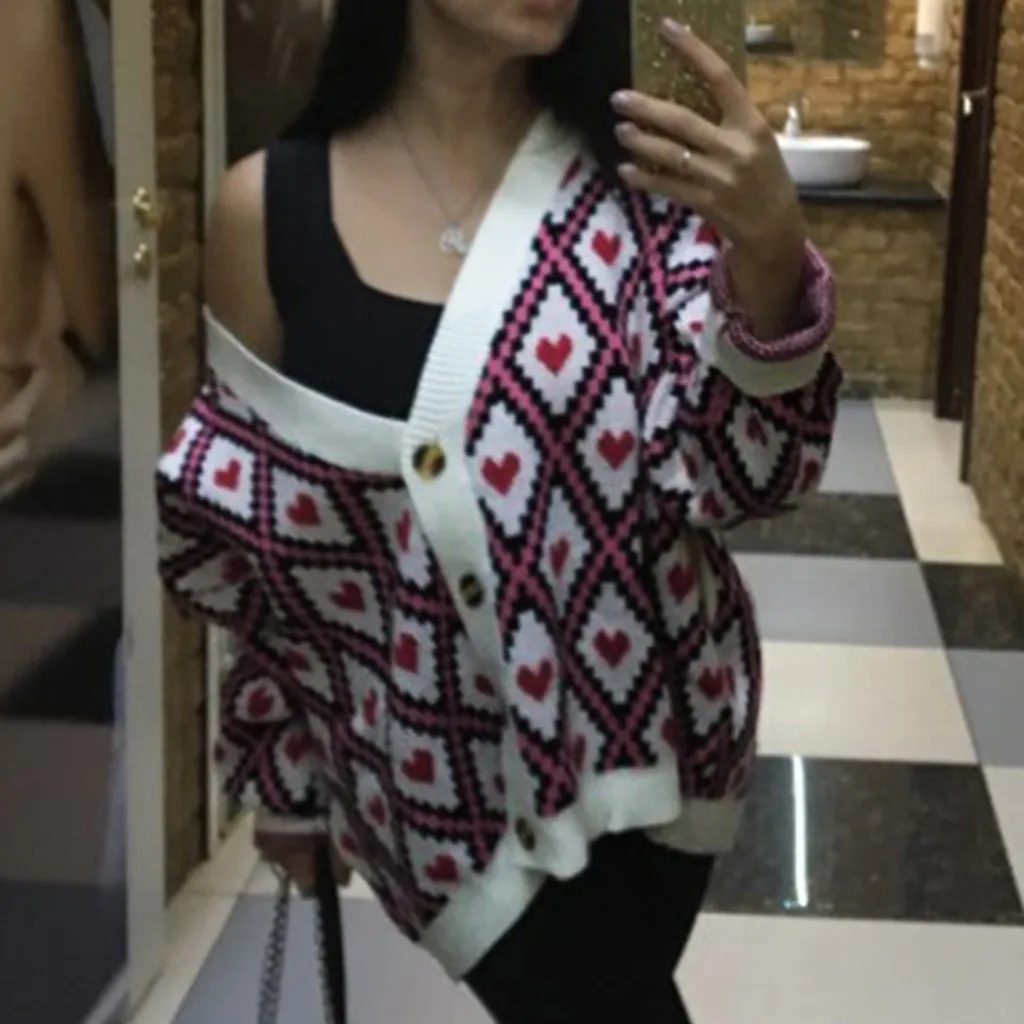 MUQGEW Women Fashion Floral Print Female Cardigan Autumn Winter Warm Love Print Knitted Temperament Buckle Sweater Jacket
