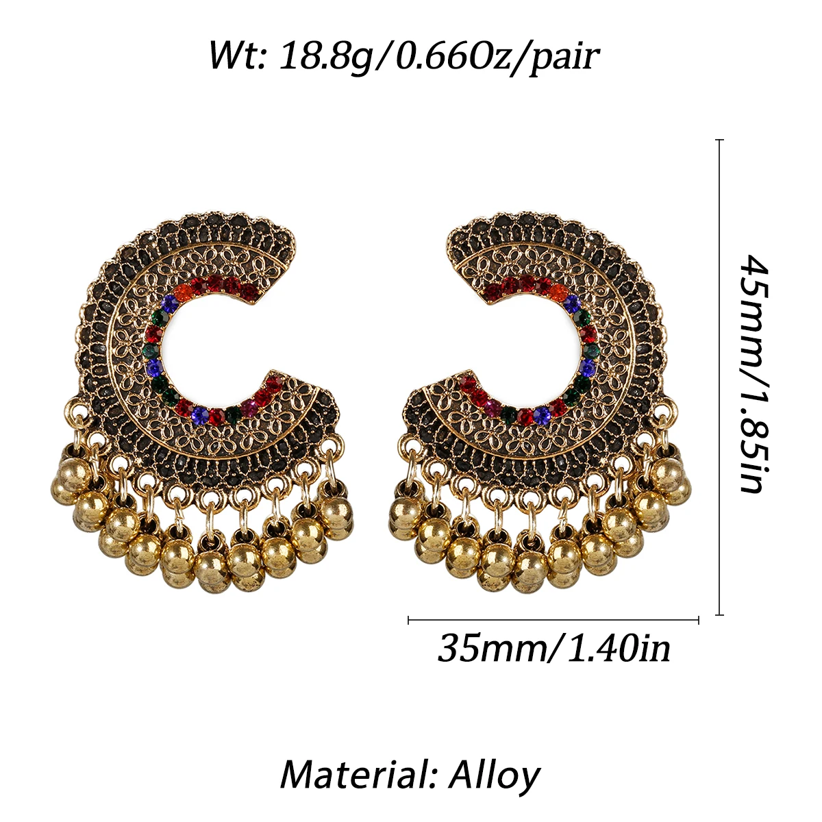 New Ethnic Women's Red Zircon Indian Jhumka Earrings Pendientes Fashion Jewelry Gold Color Alloy Semicircle Earrings