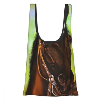 

Folding Shopping Bag Horse Portrait Foldable Shopping Bag Reusable Grocery Bag Food Organizer Vegetables Bag