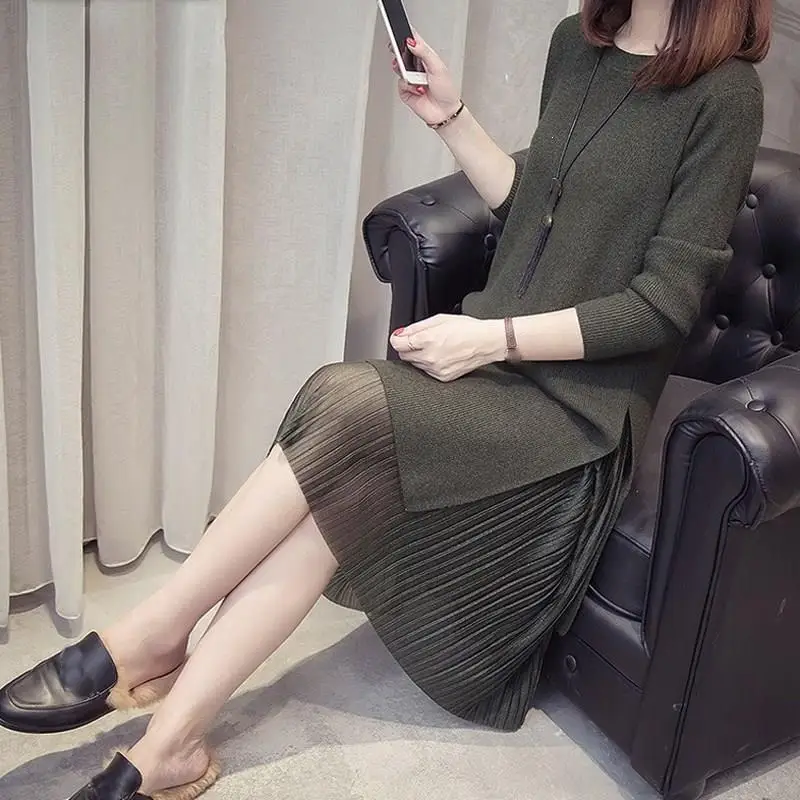 

Plus Size 4Xl 2019 Autumn Women Sweater Dress Elegant Long Sleeve Split Knitted Dresses Mesh Pleated Midi Dress