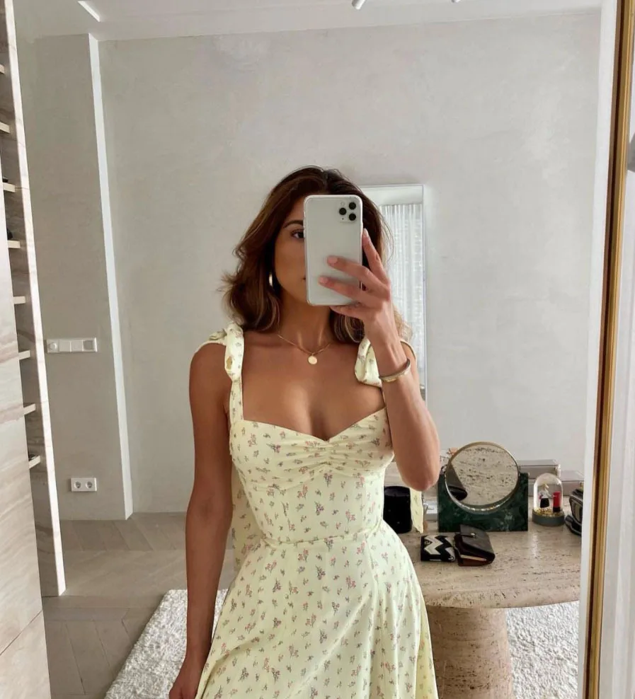 Summer Spring Floral Dress Women's Sexy Casual Fashion Sundress Midi Slip Backless Pleated Slit White Yellow Lace-up Flowers