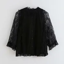 Новинка, женская элегантная плиссированная блузка с кружевными рукавами в стиле пэчворк, женская рубашка с круглым вырезом, каскадные оборки, повседневные тонкие блузы, топы LS6106