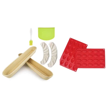 

1 Set Oval Bread Proofing Basket Baguette Baking Bowl Set with Dough Scraper & 1 Set Silicone Madeleine Pan Cookie Mold