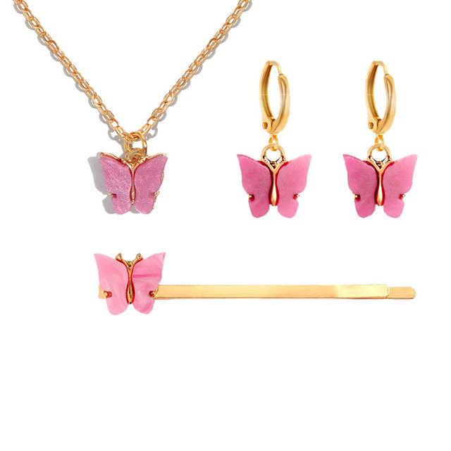 Fashion Cute Multicolor Acrylic Butterfly Jewelry Sets For Women Sweet Girls Pendant Necklace Earrings Hairpin Set Gifts
