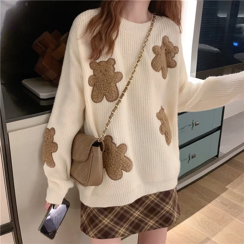 

New Knitted Pullovers Women Bear Sweater Female Autumn Loose O-Neck Solid Clothes Vintage Sweet Kawaii Cute Pattern Jumper Tops