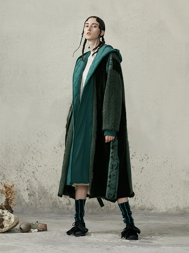 

Original Design AIGYPTOS Women Casual Loose Hooded Woolen Jacket Long Oversized White Duck Down Patchwork Thick Warm Wool Coat
