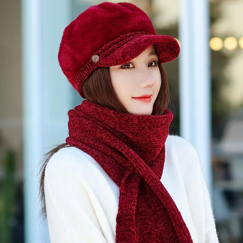 HANGYUNXUANHAO Women French Beret Hat Scarf Set Winter Warm Lady Hat Chenille Elegant Beanie Cap