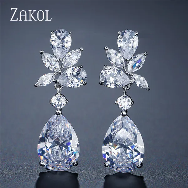 White Color ZAKOL Романтические свадебные аксессуары ювелирные изделия Изысканный кубический циркон висячие серьги с розовым золотом цвет FSEP2196 - Окраска металла: White Color