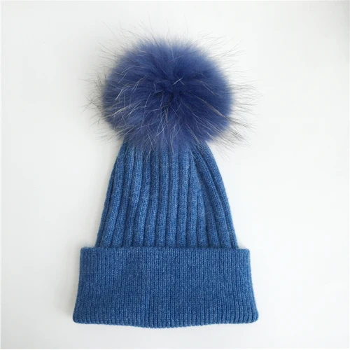 Зимние шапки с натуральным мехом, женские теплые вязаные шапки в стиле пэчворк, шапка из натурального меха енота, шерстяная шапка, Модный женский меховой колпачок для помпонов, шапка - Цвет: Blue match fur