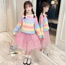 

Girls Dress Set Casual Pullover Sweater Skirt Two-piece 2022 Spring Kids Fashion Cardigan Outfits 12 Y Sweet Children Clothing