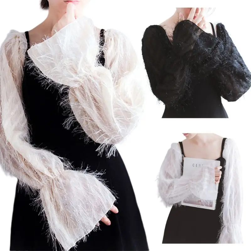 

Korean Womens Fluffy Detachable False Long Puff Sleeves Solid Color Decorative Sunscreen Loose Arm Cover Cocktail Party Clubwear