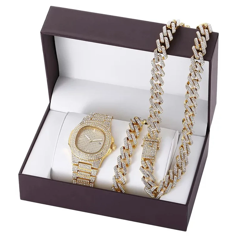 Luxury Men Watch Set Hip Hop Watches Necklace Bracelet Cuban Chain Gold Color Iced Out Paved Rhinestones Bling Jewelry For | Наручные