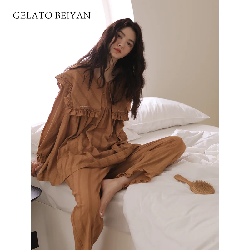 Spring and Autumn Women's Cotton Pajamas Cute Casual Woven Cotton Long-Sleeve Suit Loose Large Size Women's Home Wear