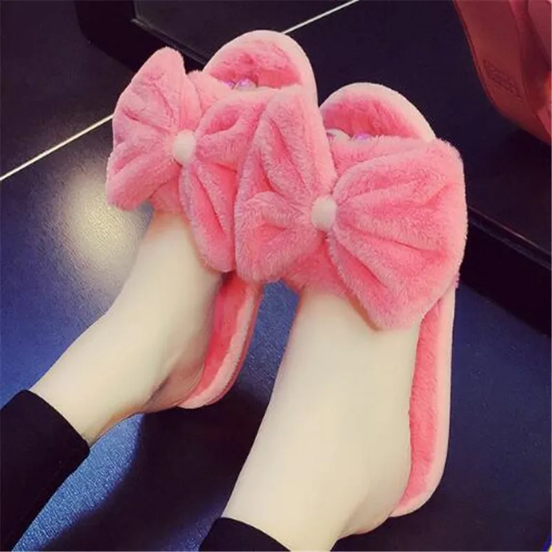 

Women Winter Cotton Bow-knot Slippers Girl's Lovely Fashion Furry Women's Slides Non-slip Warm Home Shoes Slippers Drop Shipping