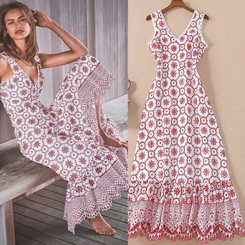 

Long Dress High Quality New Women'S Fashion Party Sexy Beach Outing Vintage Elegant Chic Gentlewoman Embroidered Vest Dresses