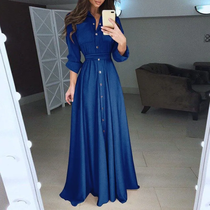 

Women Elegant Button Long Shirt Dress Autumn Fashion Long Sleeve A Line Maxi Dress Casual Solid Pleated Long Dress Vestidos