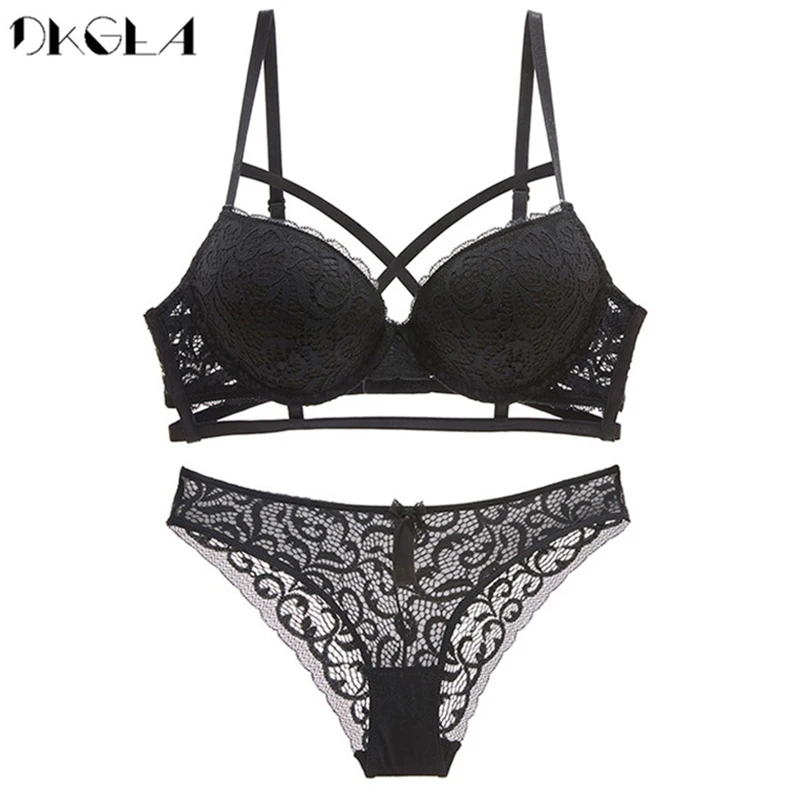 Online Conjunto de ropa interior Sexy de algodón fino sujetador profundo V Push up sujetador y bragas conjunto de sujetadores bordados de encaje negro para mujer conjunto de lencería