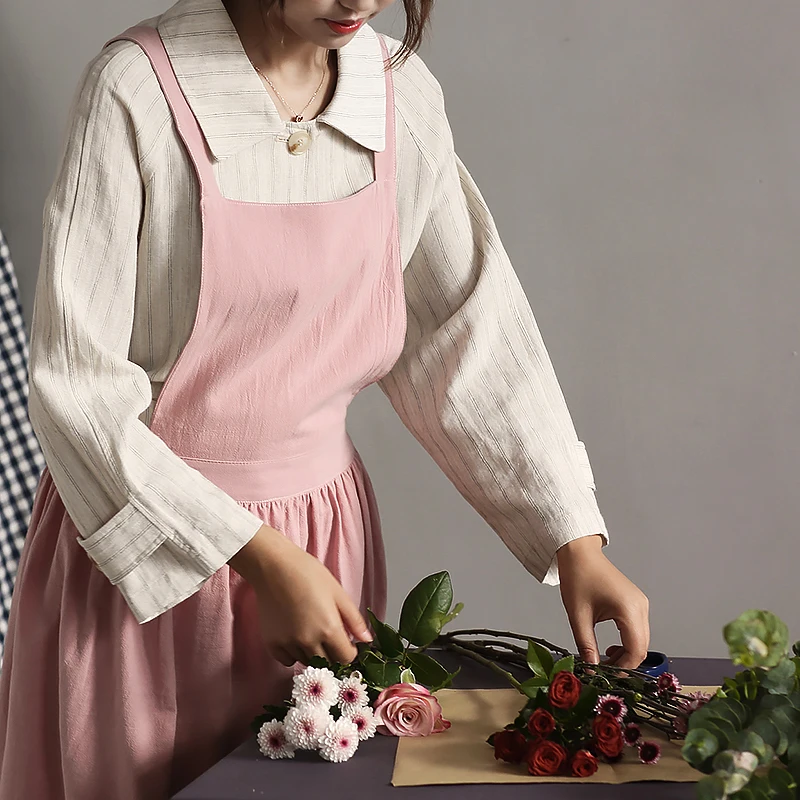 Hot sale fashion Cotton Linen Kitchen Apron For Cooking Baking Flower Shop Ruffles Adult bib for woman