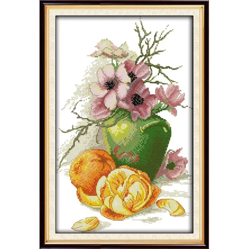 Вышивка крестом Joy Sunday Hibiscus ваза и апельсины напечатанные на Canvas11CT14CT DIY