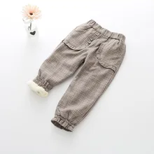 Новые зимние Стильные повседневные штаны для девочек Повседневные детские штаны с ворсованными и толстыми клетчатыми карманами