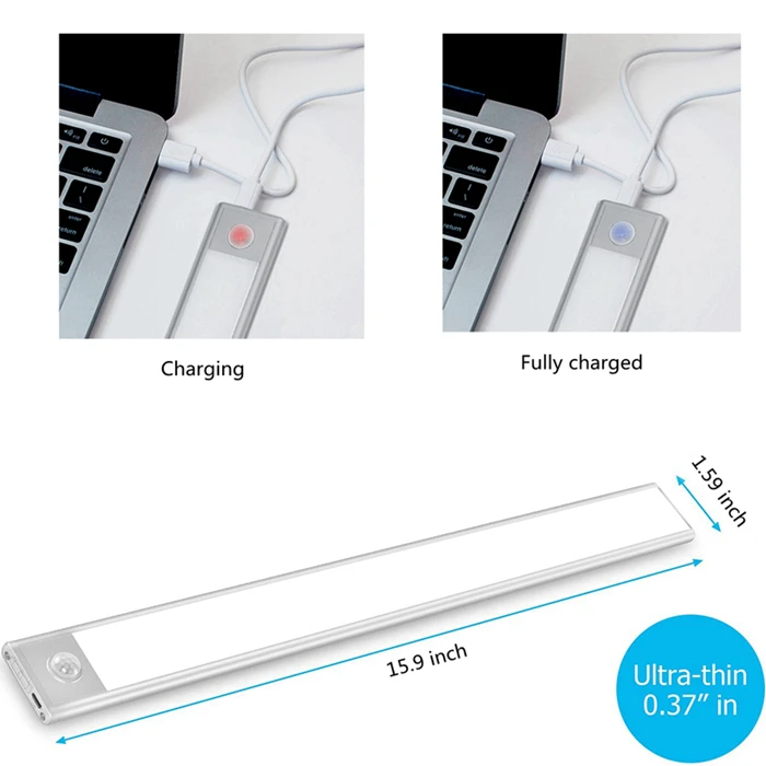 Sensor de Movimento Recarregável sob a Luz do Armário para Guarda-roupa Noturna Sensor Armário Usb Cozinha Auto - Ligar Desligar 40cm Luz 70 Led 3 40cm sensor de movimento luz noturna 70
