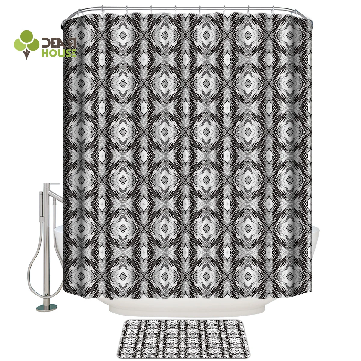 Dear House набор занавесок для душа и ковриков геометрический узор серо-белая