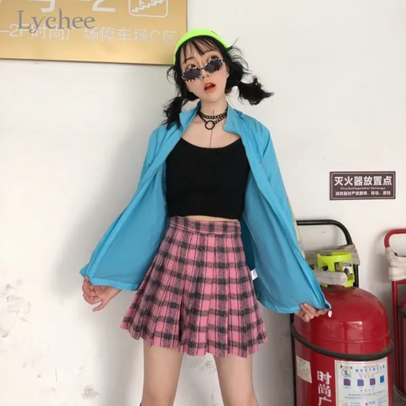 Lychee Женская плиссированная юбка в клетку в стиле Харадзюку плиссированная мини-юбка трапециевидной формы с высокой талией повседневные свободные женские юбки на весну и осень
