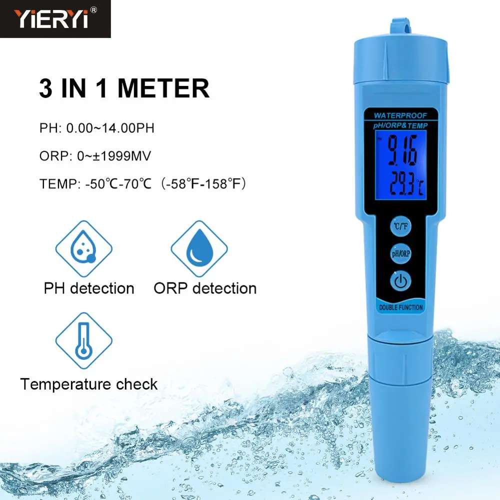 Yieryi 3 в 1 pH ОВП TEMP метр детектор воды мультипараметрический цифровой трехметровый тестер качества воды