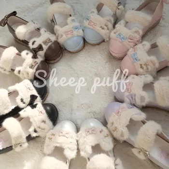 

Kawaii girl sweet lolita shoes plush bear ear warm princess kawaii shoes round head thick heel women shoes loli cosplay cos