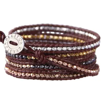 

KELITCH Mixed Silver Nuggest Bracelets Handmade String Metal Beads 5 Wrap Bracelets for Mens Women Jewelry Accessories