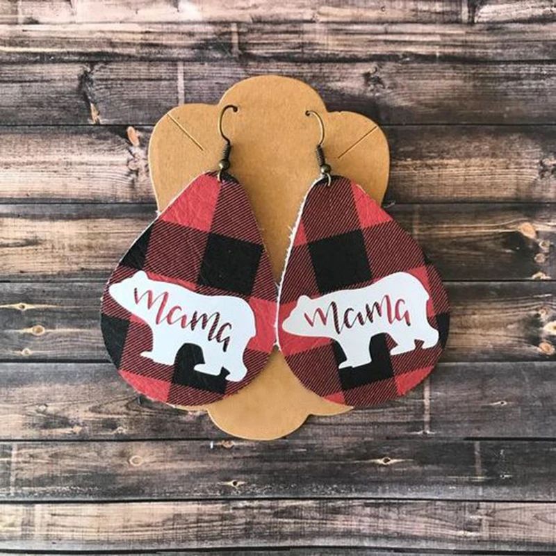 

New! Custom Thanksgiving Buffalo Plaid Glitter Faux Leather Earrings Fashion Thanksgiving Day Teardrop Leaf Earrings MaMa Gifts