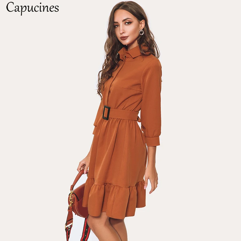 Vestido de ladrillo rojo para mujer, de moda de otoño, con cinturón de  volantes y cuello vuelto, Mini Vestidos 3/4 mangas, vestido informal verde  y Beige|Dresses| - AliExpress