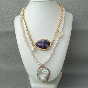 

2 Row Freshwater Pearl Chain Necklace White Keshi Pearl Purple Charoite Pendant