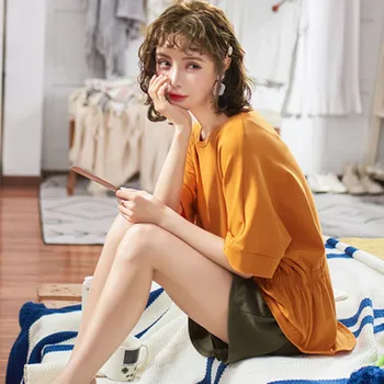 

Pajama women's summer thin short sleeve cotton home clothes student pure color Princess wind lovely girl two piece set summer