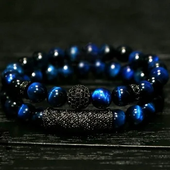 

Natural Stone Casual Fashion Micro Pave Zircon Bent Tube Double Layer Tiger Eye Matte Stone Beaded Bracelets for Men