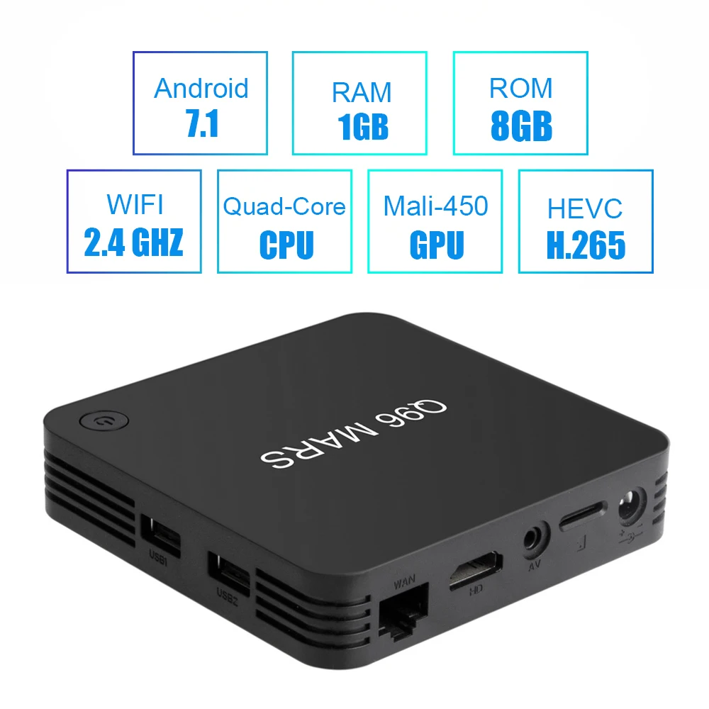 Q96 MARS Android 7,1 Smart tv Box 1 ГБ/8 ГБ Amlogic S905W четырехъядерный комплект верхней коробки 4K VP9 H.265 2,4G WiFi 100M LAN HD медиаплеер