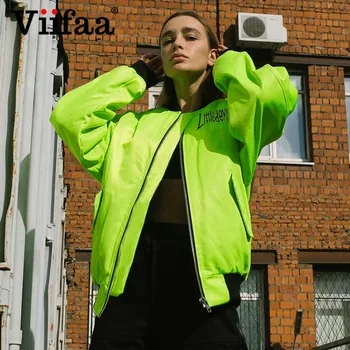 

Viifaa Fashion Autumn Women Jacket Neon Green LITTLE DEVIL Letter Print Coat Streetwear Ladies Bomber Jackets