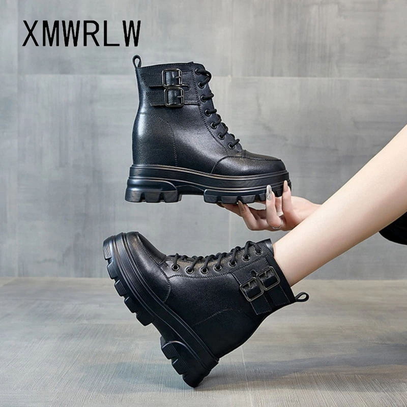

XMWRLW 2021 Women's Ankle Boots Cow Leather Fashion Buckle Female Autumn Shoes High Heels Women Winter Warm Plush Boots Shoes