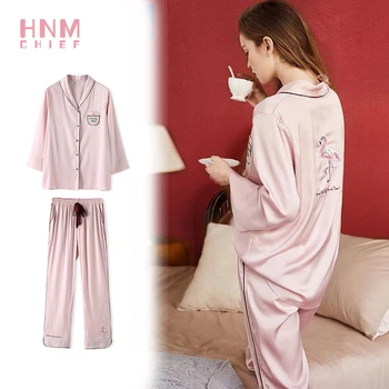 

HNMCHIEF Pink Pajamas Set long-sleeved Trousers Ladies Pajamas Suit New Simple Style Long Pyjamas Sets Women's Home Service