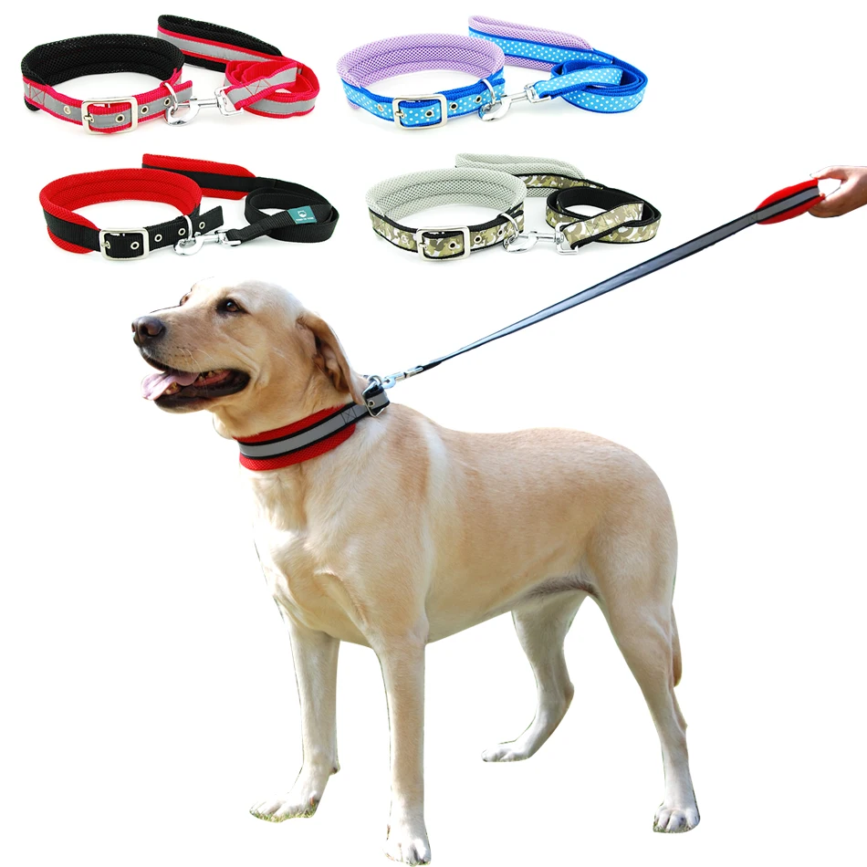

Dog Collar Leash Pet Adjustable Mesh Padded Collar Lead Reflective Polka Dot Breathable Collar for Large Dogs German Shepherd