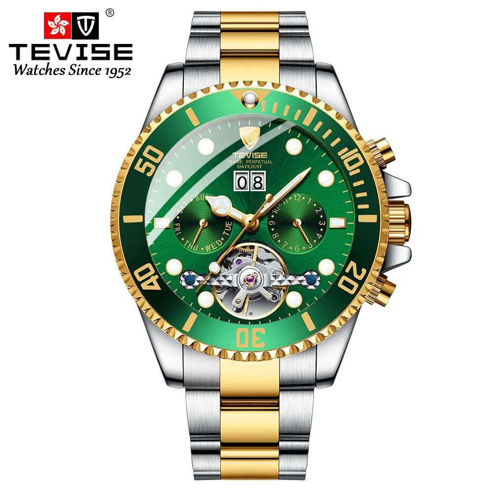 TEVISE Топ люксовый бренд для мужчин нержавеющая сталь Скелет часы для мужчин водонепроницаемый автоматические механические наручные часы Relogio Masculino - Цвет: gold green