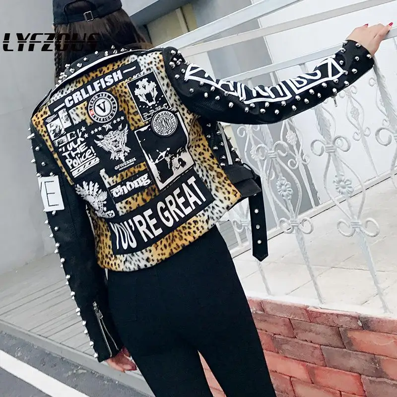 

Hip Pop Rivet Pu Leather Bomber Jacket Women Punk Leopard And Letter Print Short Slim Locomotive Pu Leather Coat For Woman