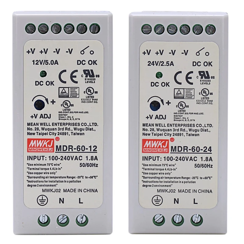 2 шт. MDR-60 din-рейку источник питания Ac-Dc драйвер регулятор напряжения питания 110 В 220 В, 24 В 20 Вт и 12 в 60 Вт