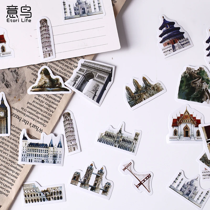 46pcs Stickers Stationery Scrapbook World Architecture Retro Historic Sites DIY Diary Handbook Decoration Phone Case Album Label |