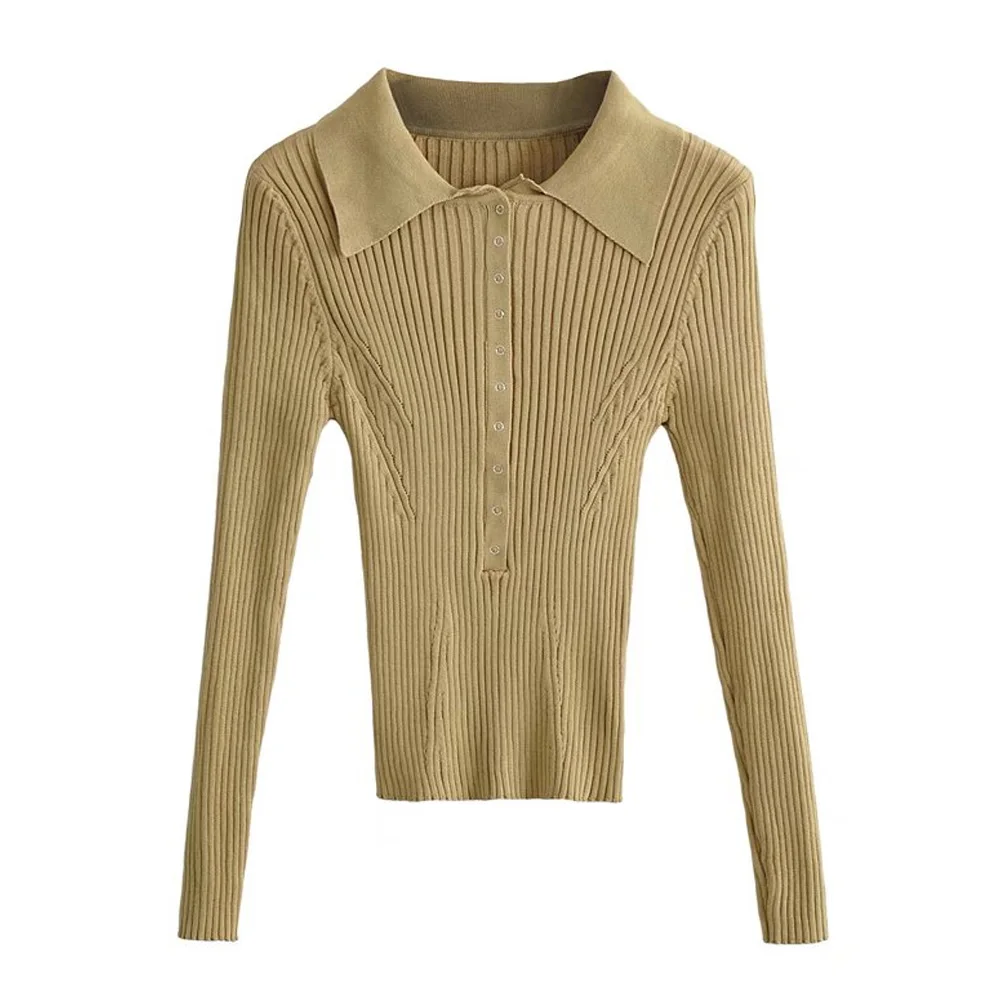 turtleneck KPYTOMOA Women Fashion Snap-button Fitted Slim Ribbed Knit Sweater Vintage Polo Collar Long Sleeve Female Pullovers Chic Tops long sweater