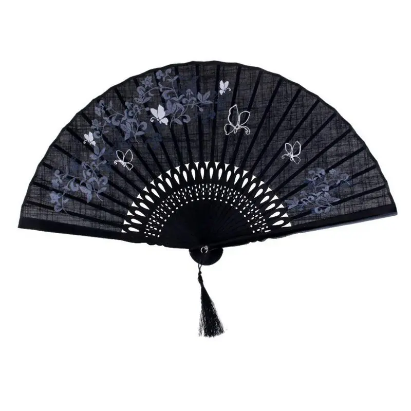 

Handheld Fan Lady's Fan Hand Butterfly Bamboo Leaf Linen Fan Black