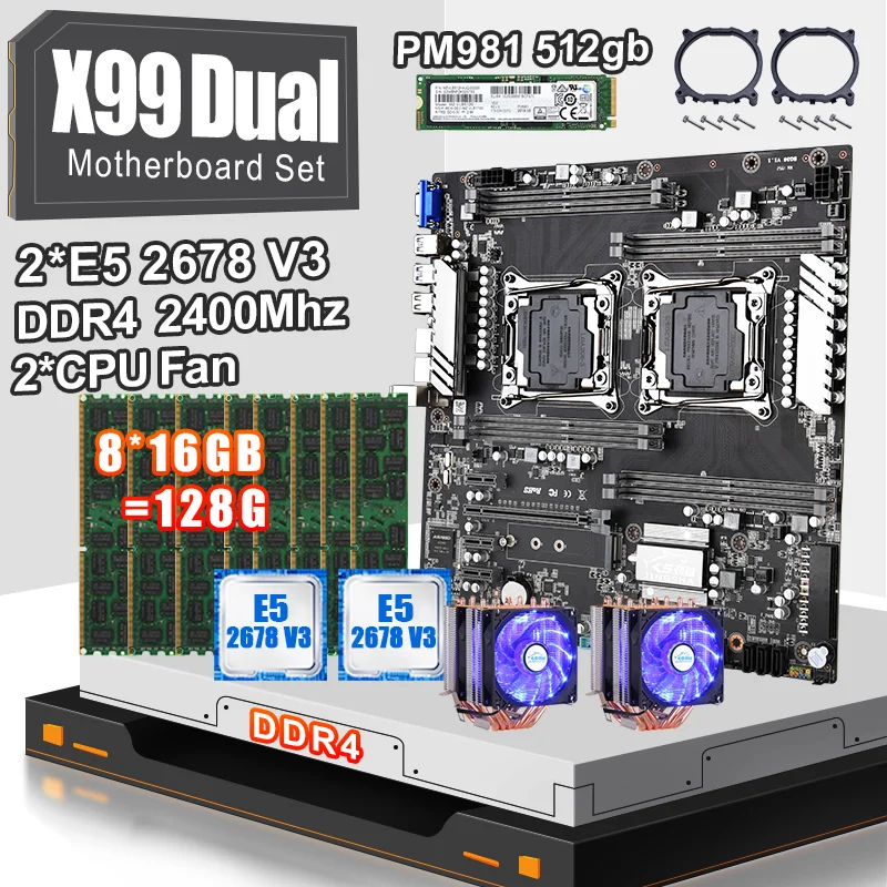 X99 двойная материнская плата процессора с 2 шт. XEON E5 2678V3 CPU и 8*16 ГБ = 128 ddr4 ecc reg 2400 МГц