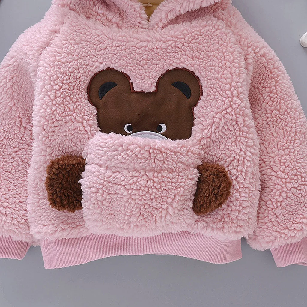 Одежда для малышей для девочек, флисовый свитер с капюшоном, зимняя куртка для девочек, детский пуловер с изображением медведей с защитой от ветра, комплекты теплой детской одежды, толстовка с капюшоном