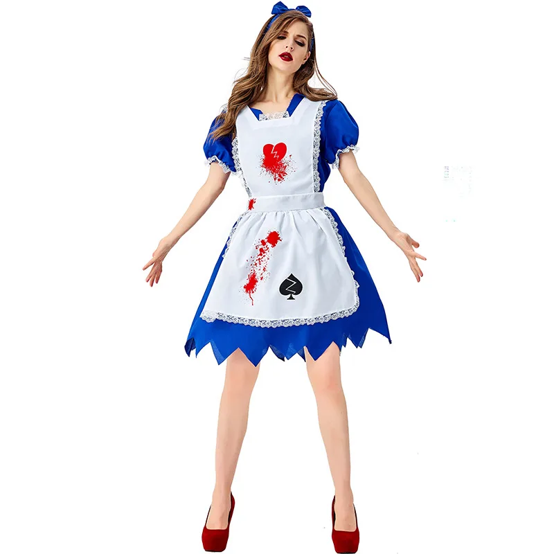 Страшный костюм горничной зомби на хеллоуин для взрослых женщин, кровавый костюм, фартук в стиле ужасов, мини-платье для косплея «Ходячие мертвецы», террор, наряд для девушек